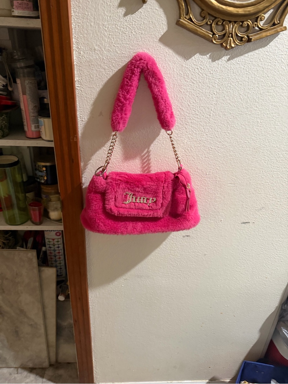 Juicy Couture Vibrant Pink Faux Fur Shoulder Bag with Chain Strap